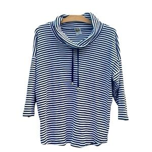Anne Klein Blue And White Striped  Cowl Neck Shirt With 3/4 Length Sleeves. M